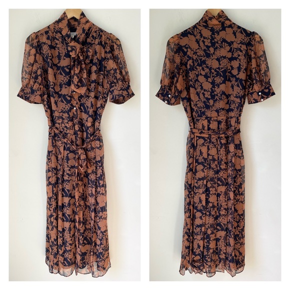1901 Floral Print Pearl Button Pleated Chiffon Midi Dress L - Picture 3 of 13